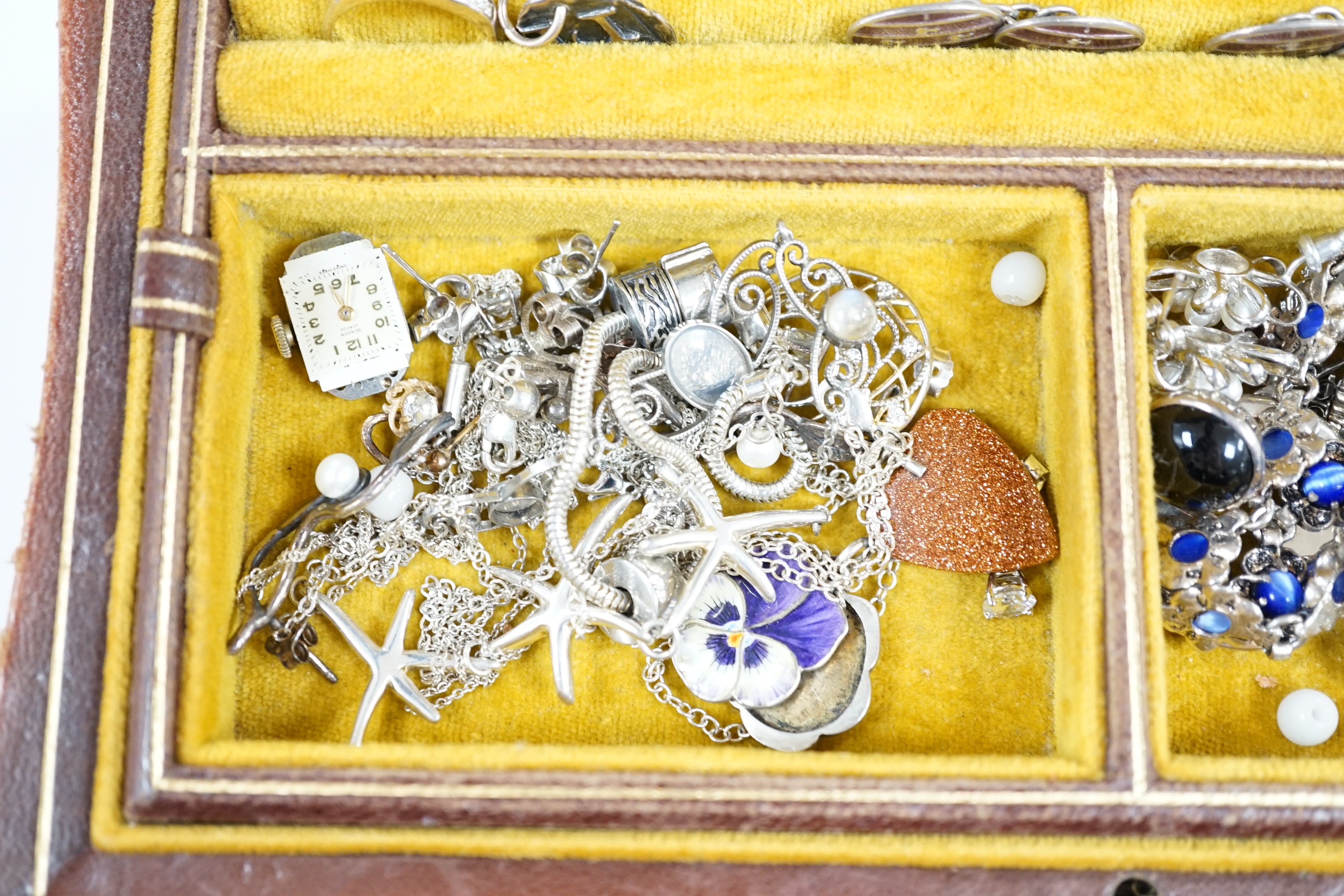 A jewellery box of mostly mixed 925, white metal and enamel costume jewellery.